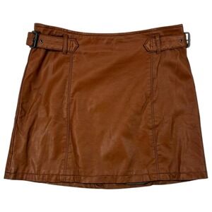Free People Vegan Leather Buckle Mini Skirt Brown Cognac Size 6 Moto Y2K